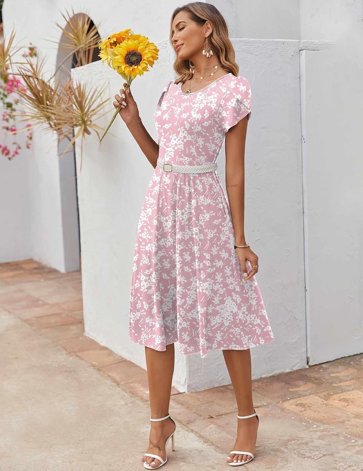 image:imageZEAGOO Womens Casual Dresses for Summer Short Sleeve Flare Midi Dress Loose Flowy Beach Sundress2601 Pink Floral