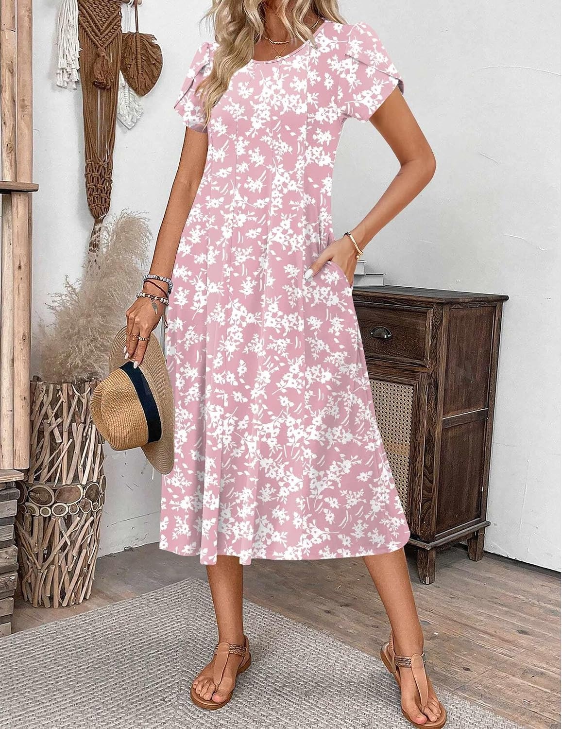 image:imageZEAGOO Womens Casual Dresses for Summer Short Sleeve Flare Midi Dress Loose Flowy Beach Sundress2601 Pink Floral
