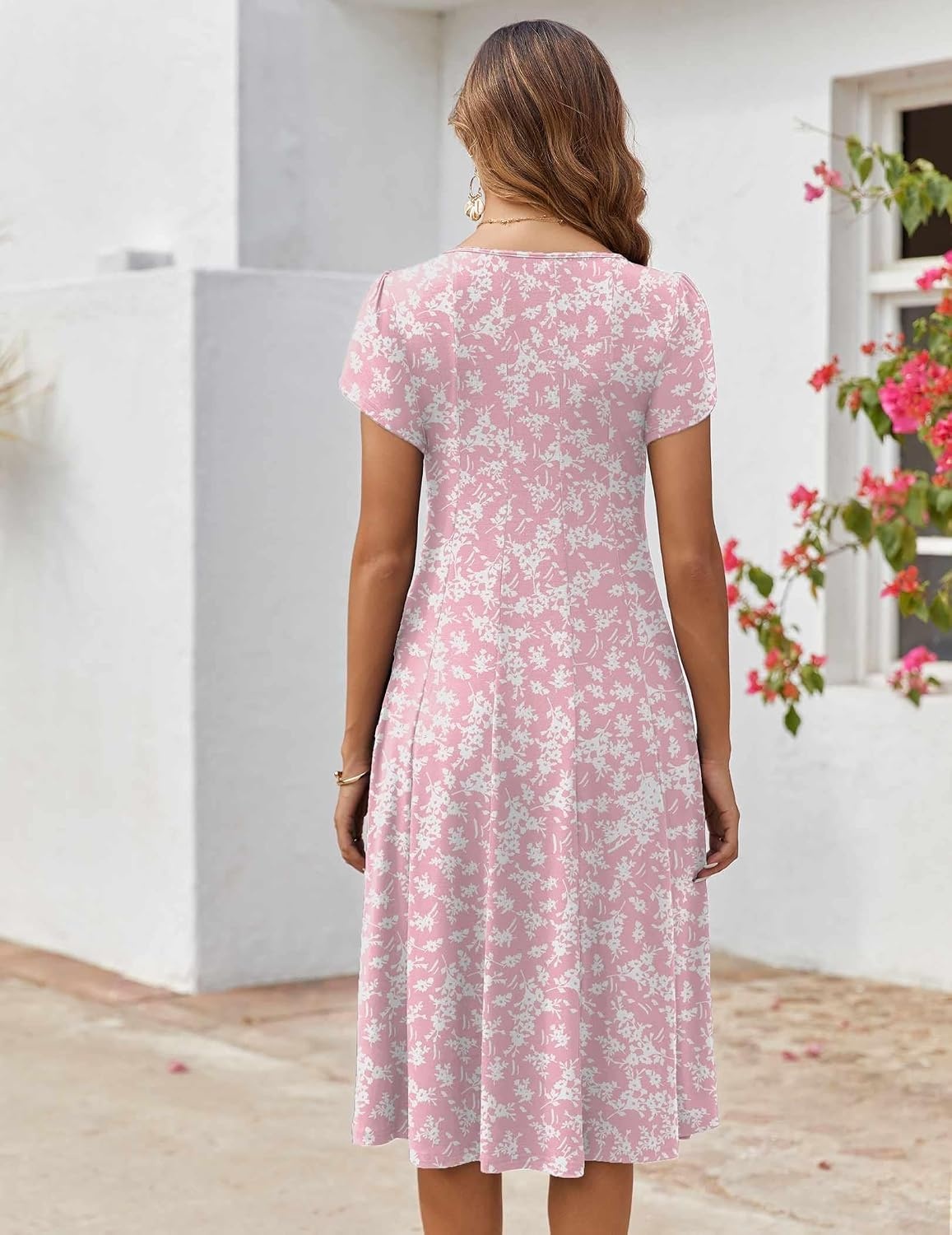 image:imageZEAGOO Womens Casual Dresses for Summer Short Sleeve Flare Midi Dress Loose Flowy Beach Sundress2601 Pink Floral