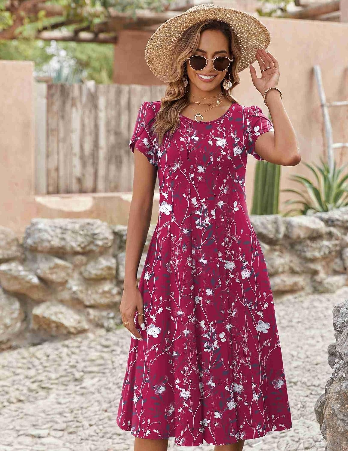 image:imageZEAGOO Womens Casual Dresses for Summer Short Sleeve Flare Midi Dress Loose Flowy Beach Sundress2601 Purple Floral