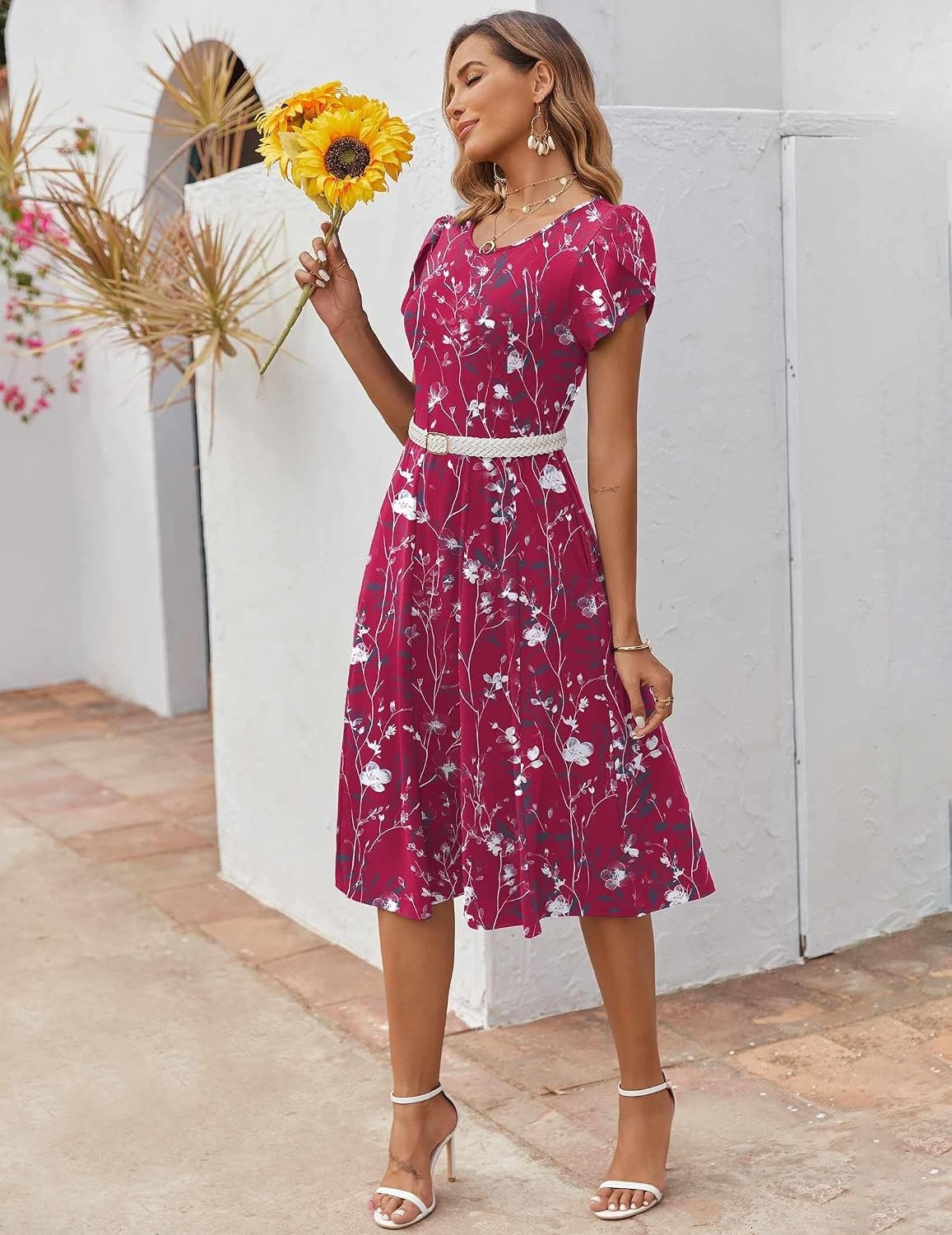image:imageZEAGOO Womens Casual Dresses for Summer Short Sleeve Flare Midi Dress Loose Flowy Beach Sundress2601 Purple Floral