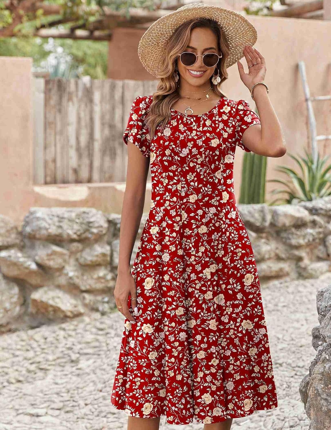 image:imageZEAGOO Womens Casual Dresses for Summer Short Sleeve Flare Midi Dress Loose Flowy Beach Sundress2601 Red Floral