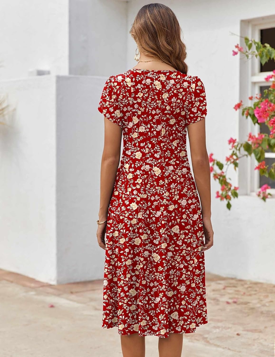 image:imageZEAGOO Womens Casual Dresses for Summer Short Sleeve Flare Midi Dress Loose Flowy Beach Sundress2601 Red Floral