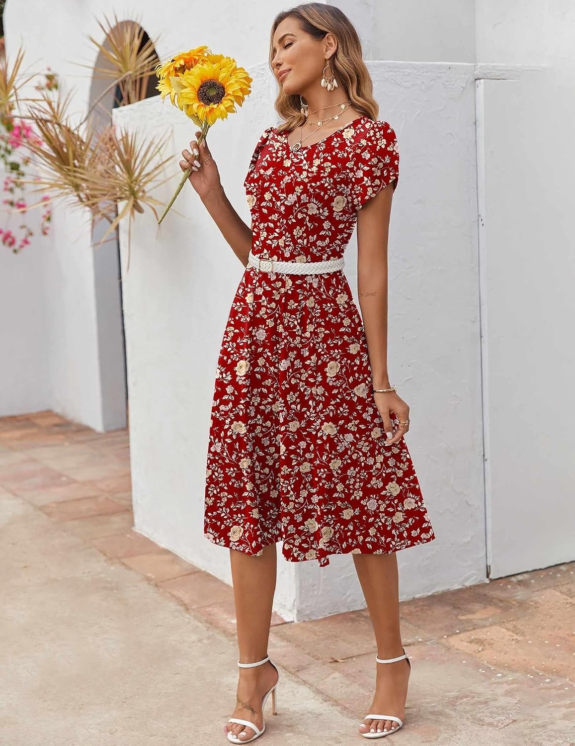 image:imageZEAGOO Womens Casual Dresses for Summer Short Sleeve Flare Midi Dress Loose Flowy Beach Sundress2601 Red Floral