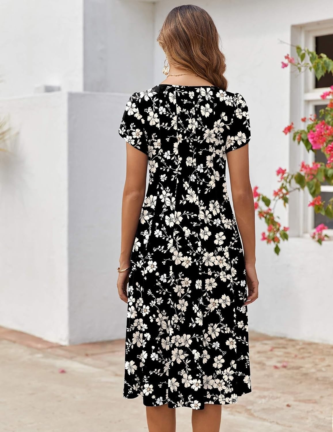 image:imageZEAGOO Womens Casual Dresses for Summer Short Sleeve Flare Midi Dress Loose Flowy Beach Sundress2602 Black Flower