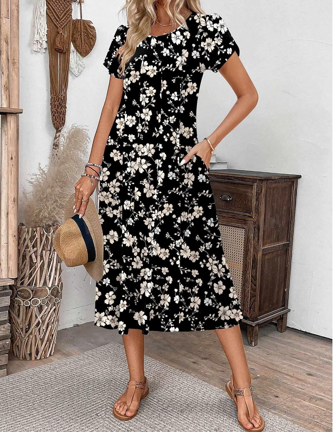 image:imageZEAGOO Womens Casual Dresses for Summer Short Sleeve Flare Midi Dress Loose Flowy Beach Sundress2602 Black Flower