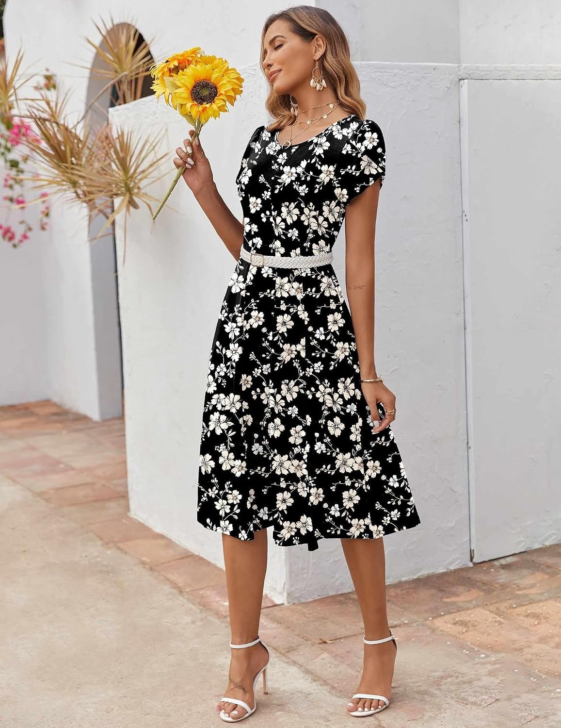 image:imageZEAGOO Womens Casual Dresses for Summer Short Sleeve Flare Midi Dress Loose Flowy Beach Sundress2602 Black Flower