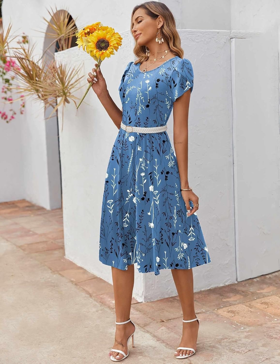 image:imageZEAGOO Womens Casual Dresses for Summer Short Sleeve Flare Midi Dress Loose Flowy Beach Sundress2602 Blue Flower