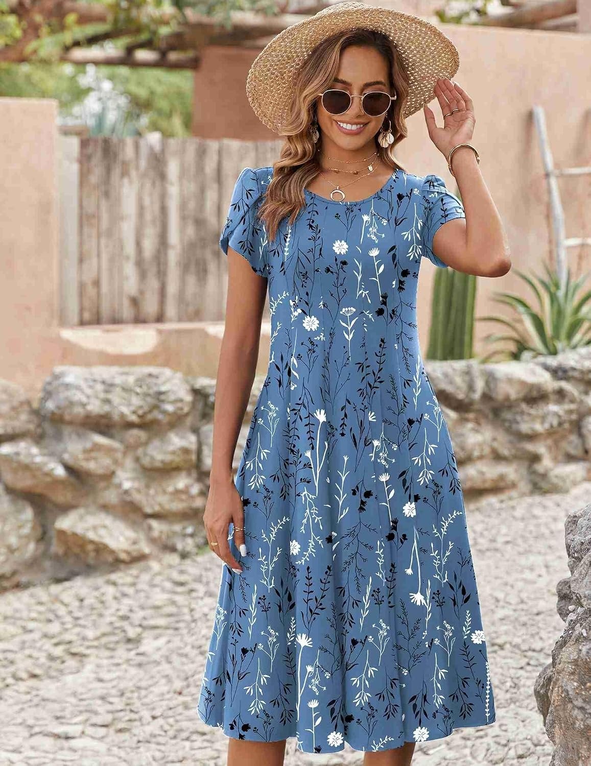 image:imageZEAGOO Womens Casual Dresses for Summer Short Sleeve Flare Midi Dress Loose Flowy Beach Sundress2602 Blue Flower