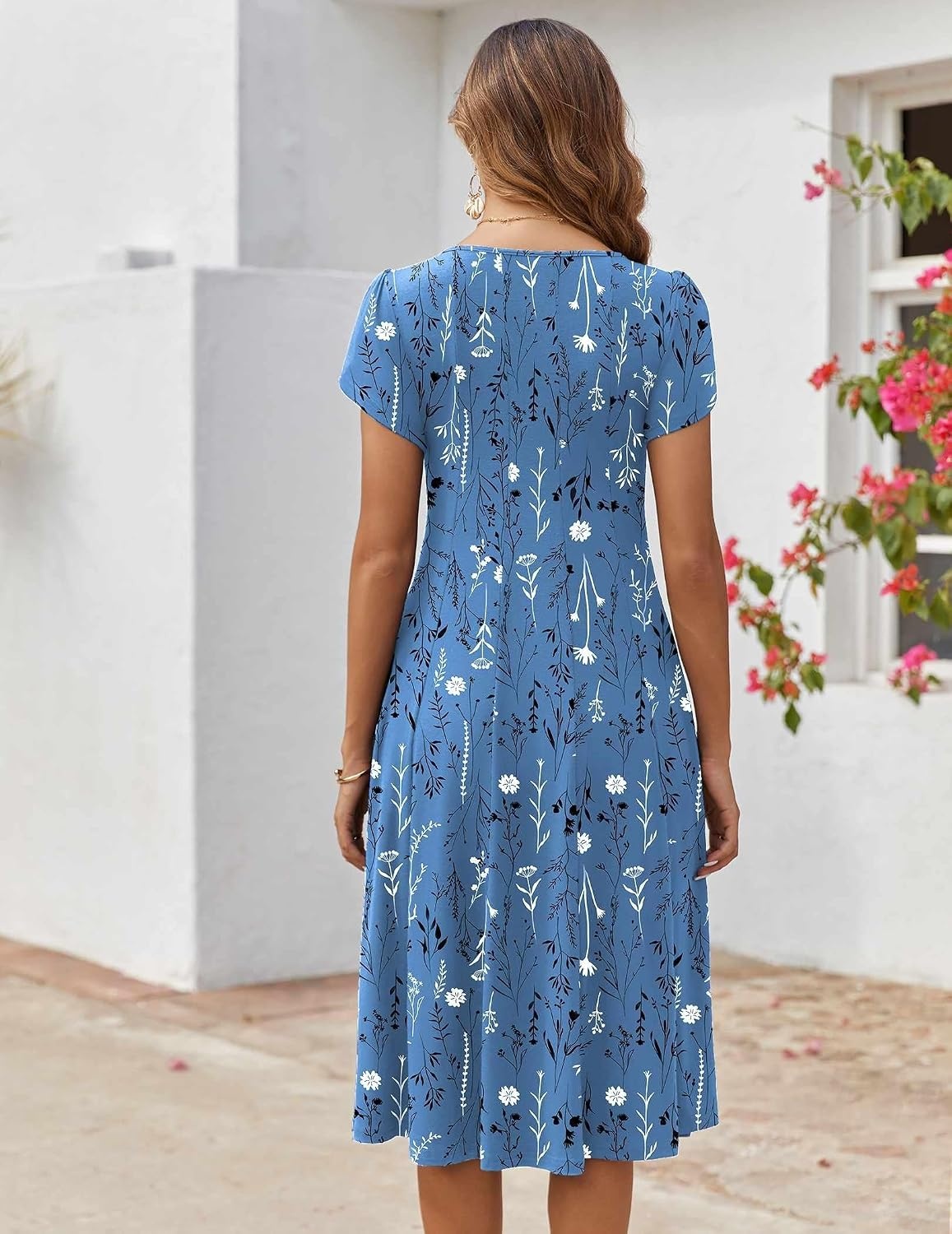 image:imageZEAGOO Womens Casual Dresses for Summer Short Sleeve Flare Midi Dress Loose Flowy Beach Sundress2602 Blue Flower