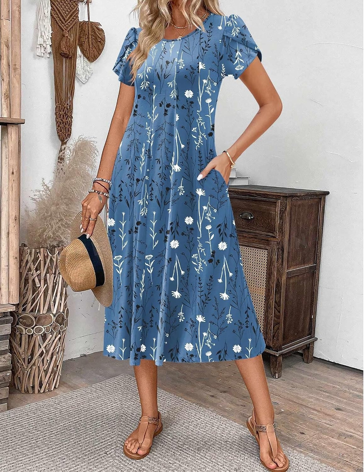 image:imageZEAGOO Womens Casual Dresses for Summer Short Sleeve Flare Midi Dress Loose Flowy Beach Sundress2602 Blue Flower