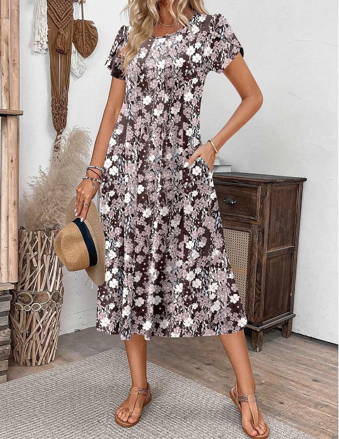 image:imageZEAGOO Womens Casual Dresses for Summer Short Sleeve Flare Midi Dress Loose Flowy Beach Sundress2602 Brown Flower