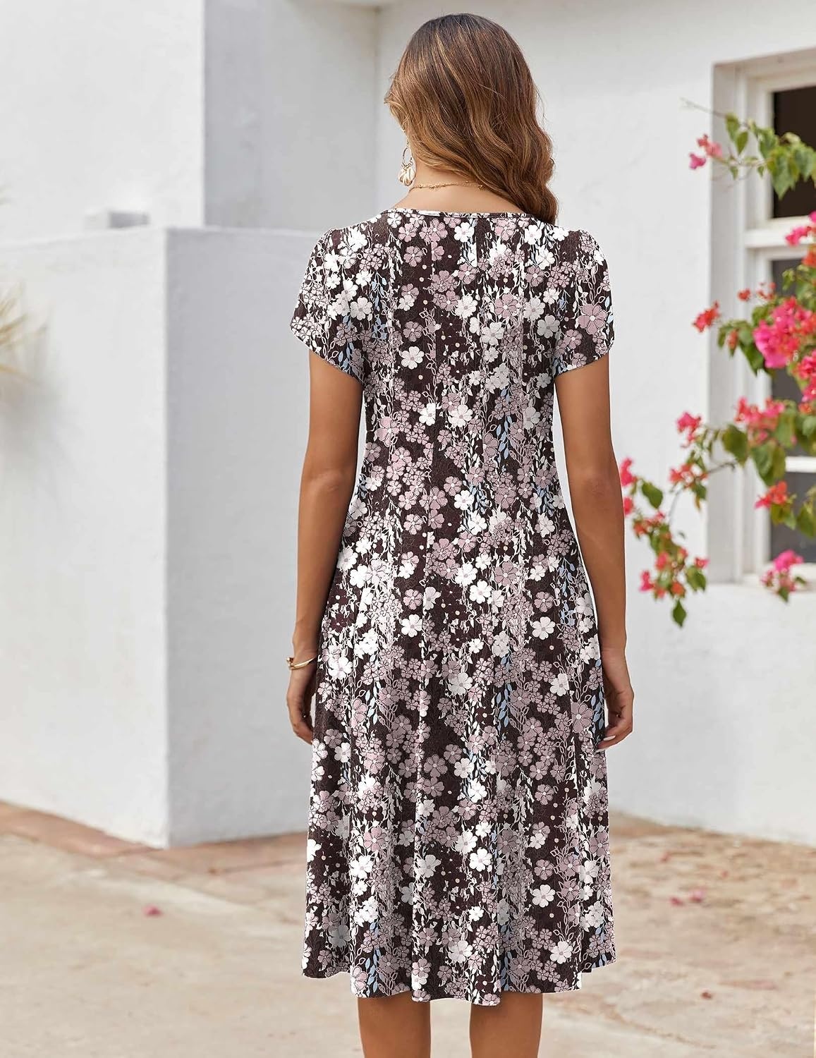 image:imageZEAGOO Womens Casual Dresses for Summer Short Sleeve Flare Midi Dress Loose Flowy Beach Sundress2602 Brown Flower