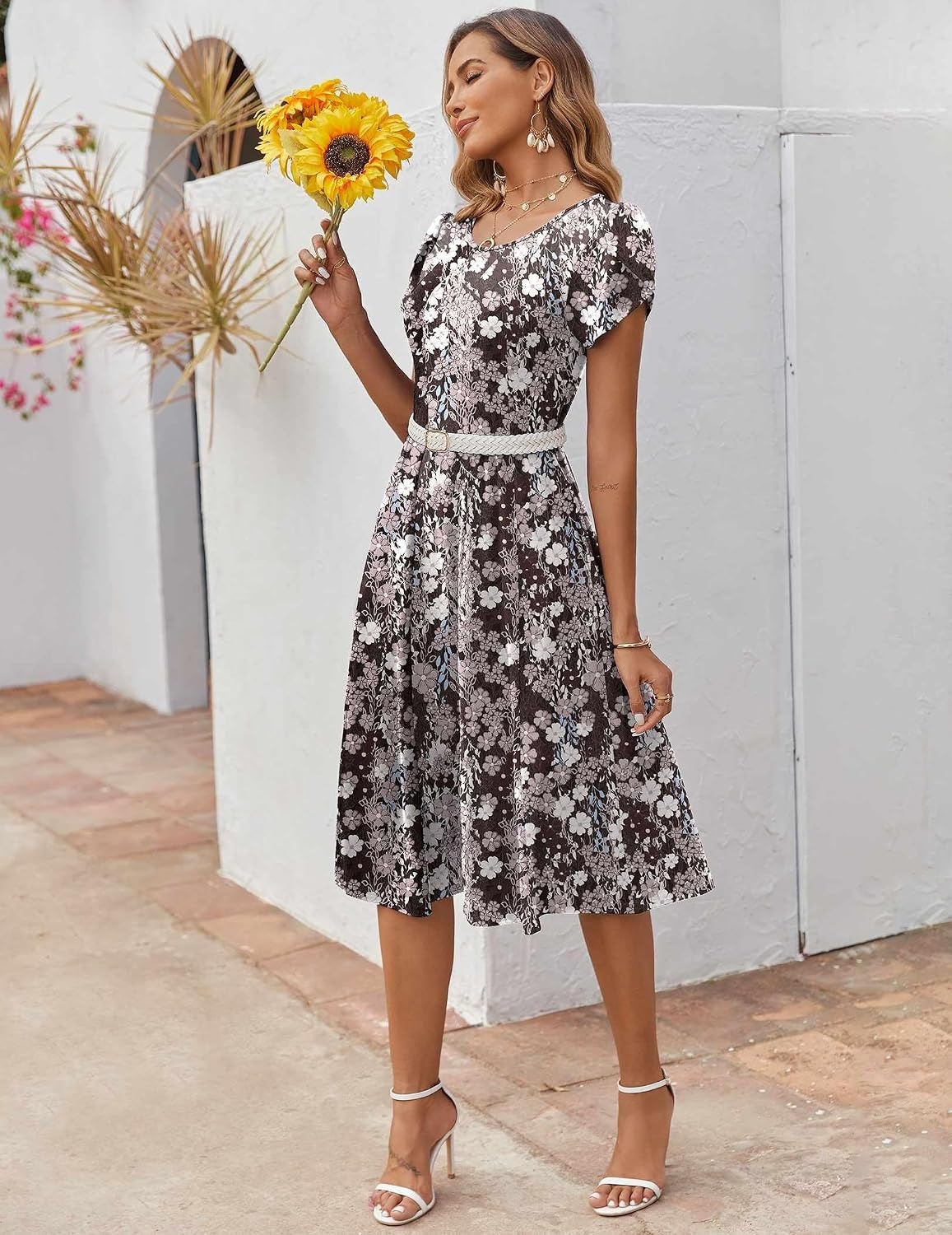 image:imageZEAGOO Womens Casual Dresses for Summer Short Sleeve Flare Midi Dress Loose Flowy Beach Sundress2602 Brown Flower