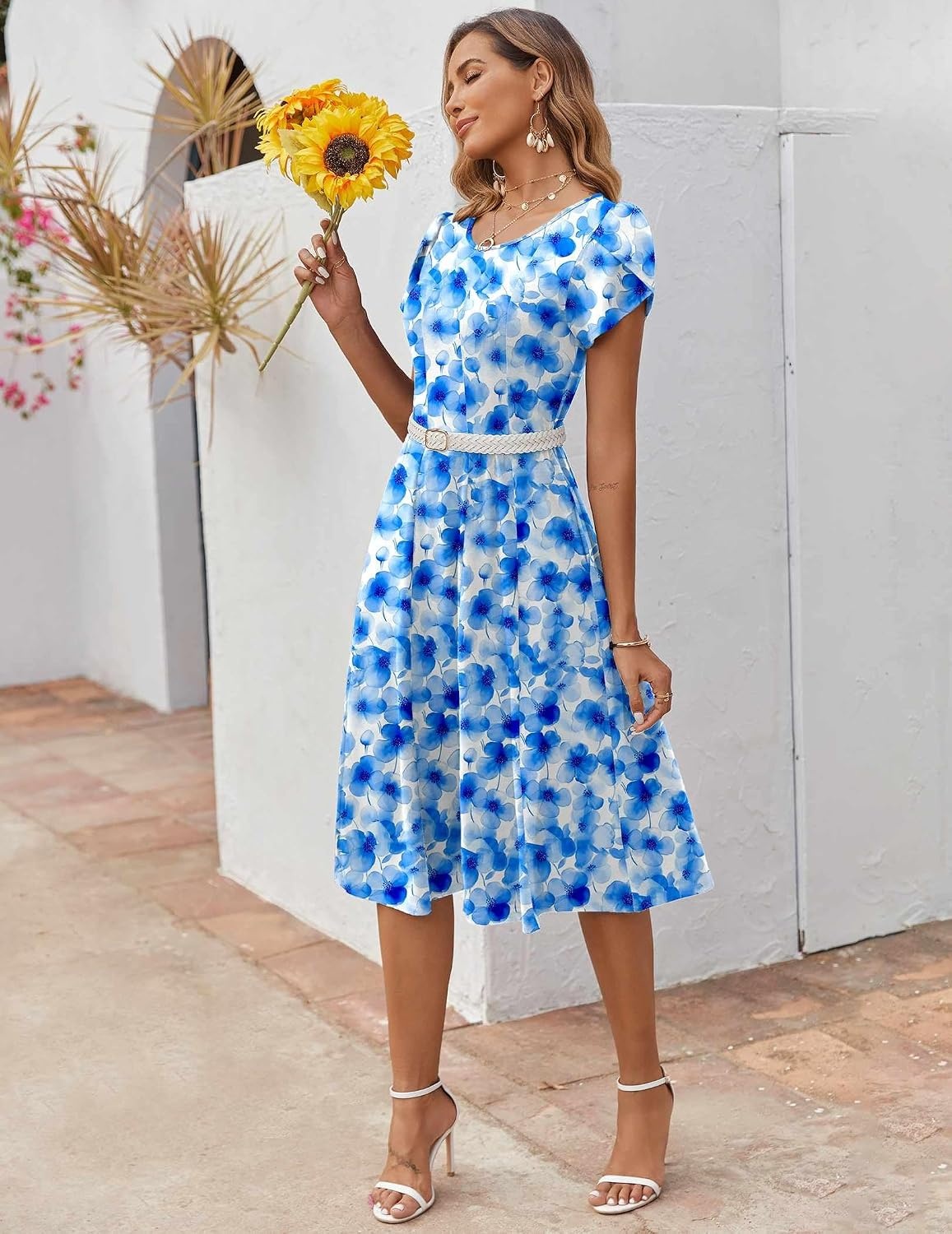 image:imageZEAGOO Womens Casual Dresses for Summer Short Sleeve Flare Midi Dress Loose Flowy Beach Sundress2602 Light Blue Floral