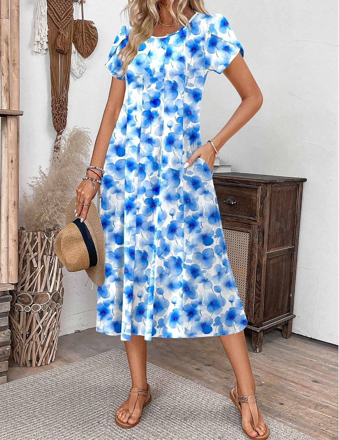 image:imageZEAGOO Womens Casual Dresses for Summer Short Sleeve Flare Midi Dress Loose Flowy Beach Sundress2602 Light Blue Floral