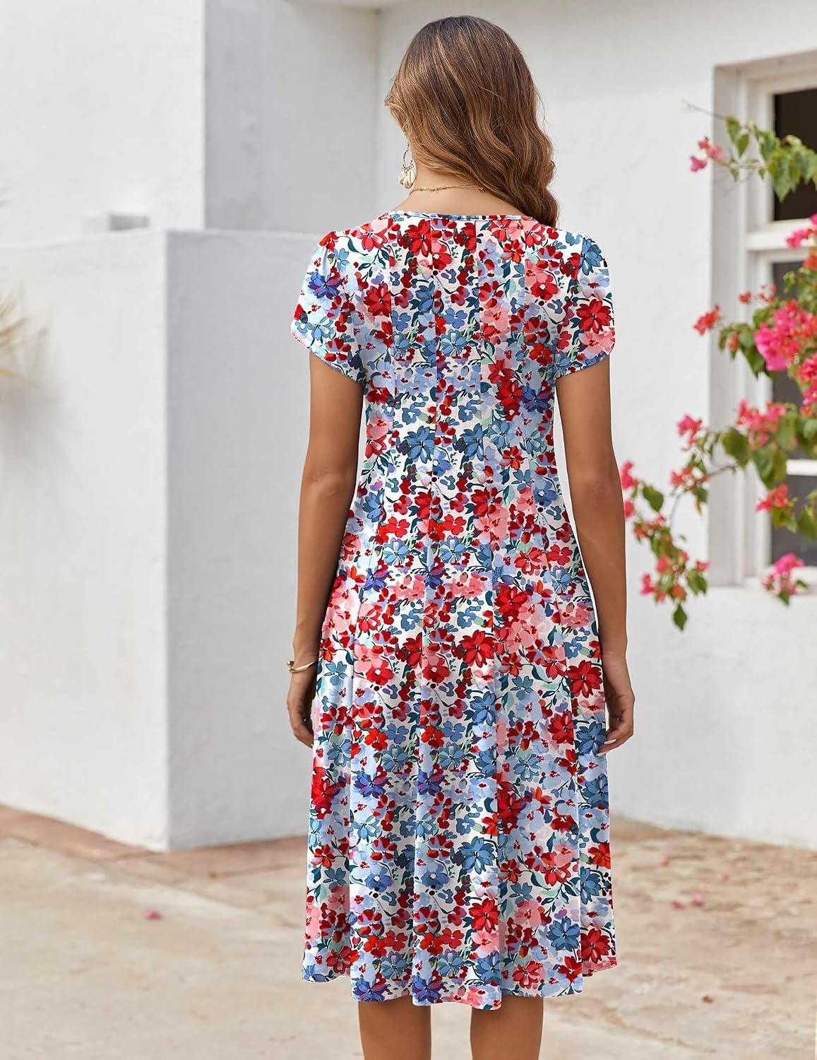 image:imageZEAGOO Womens Casual Dresses for Summer Short Sleeve Flare Midi Dress Loose Flowy Beach Sundress2602 Mixed Red Floral