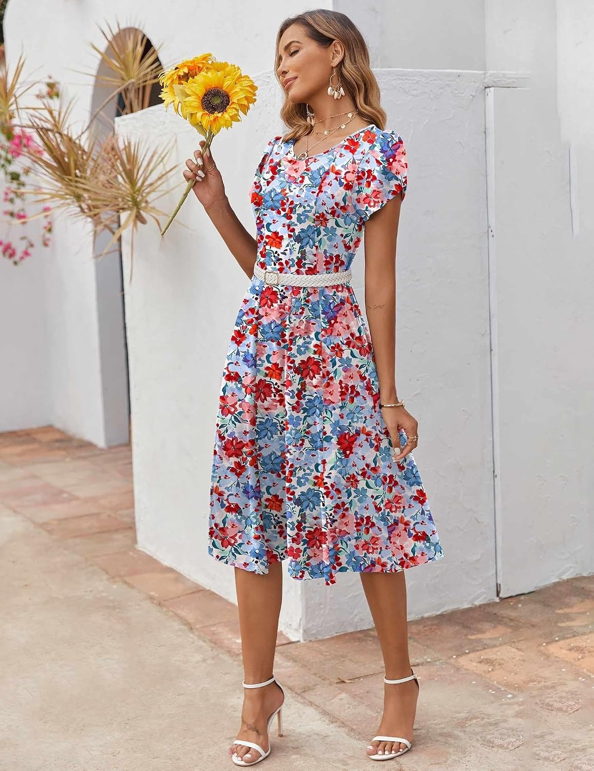 image:imageZEAGOO Womens Casual Dresses for Summer Short Sleeve Flare Midi Dress Loose Flowy Beach Sundress2602 Mixed Red Floral