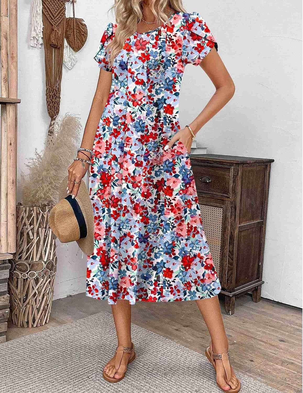 image:imageZEAGOO Womens Casual Dresses for Summer Short Sleeve Flare Midi Dress Loose Flowy Beach Sundress2602 Mixed Red Floral