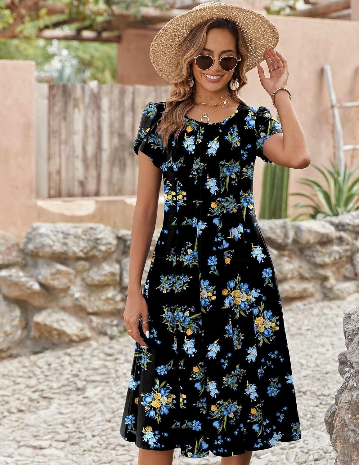image:imageZEAGOO Womens Casual Dresses for Summer Short Sleeve Flare Midi Dress Loose Flowy Beach Sundress2602 Navy Flower