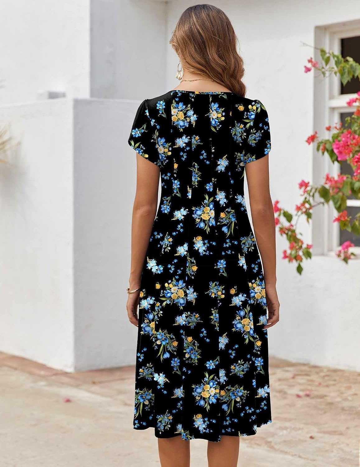 image:imageZEAGOO Womens Casual Dresses for Summer Short Sleeve Flare Midi Dress Loose Flowy Beach Sundress2602 Navy Flower