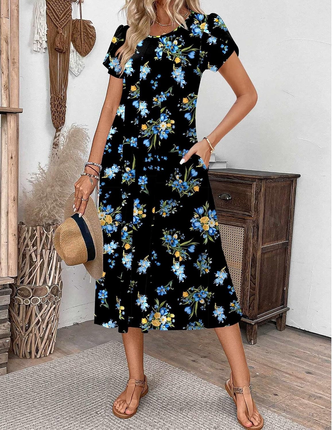 image:imageZEAGOO Womens Casual Dresses for Summer Short Sleeve Flare Midi Dress Loose Flowy Beach Sundress2602 Navy Flower