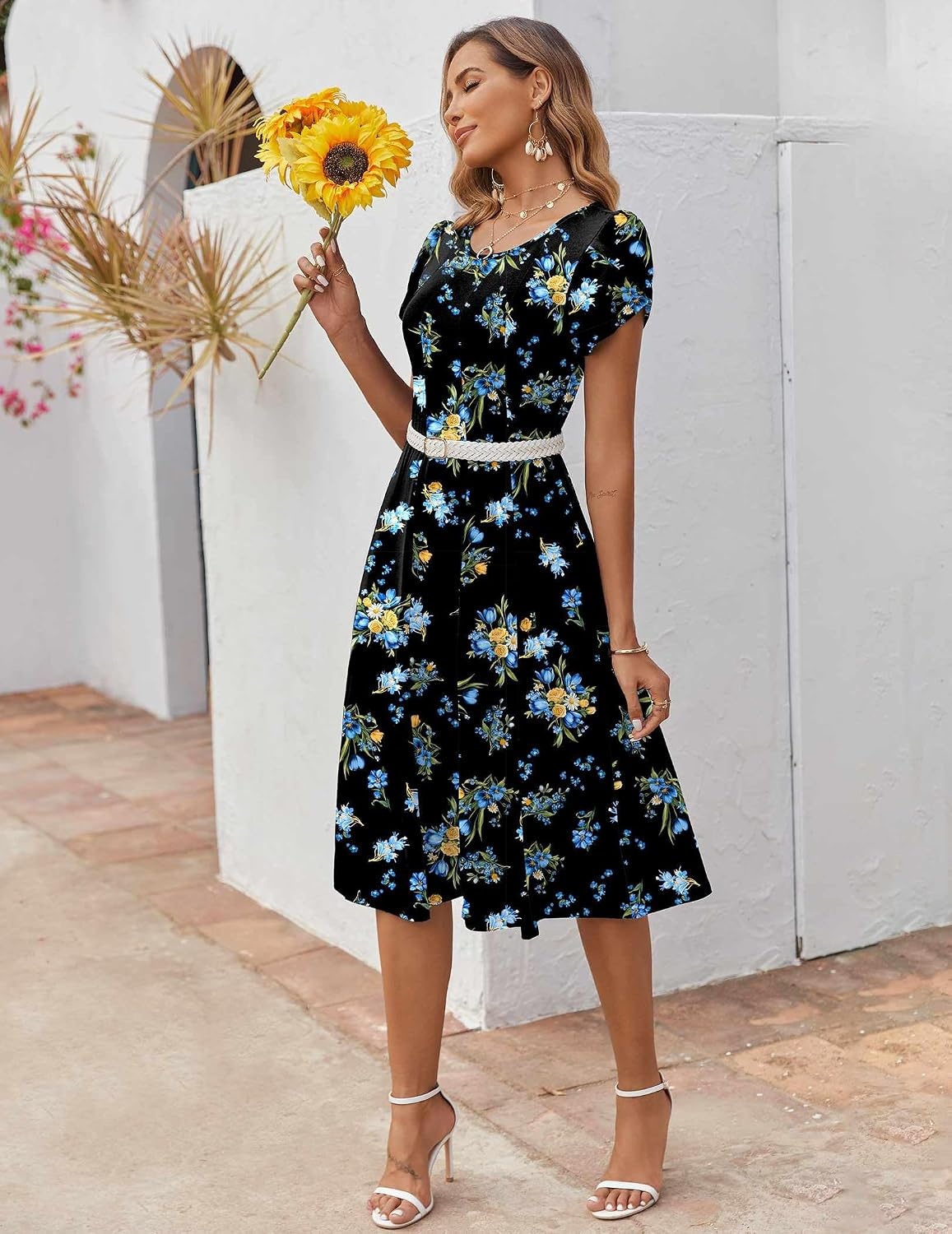 image:imageZEAGOO Womens Casual Dresses for Summer Short Sleeve Flare Midi Dress Loose Flowy Beach Sundress2602 Navy Flower
