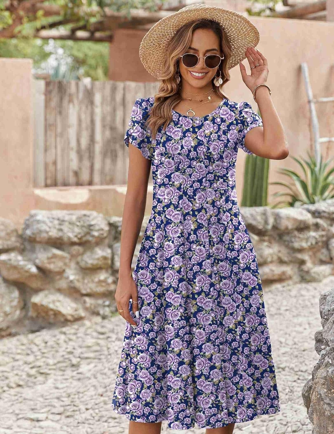 image:imageZEAGOO Womens Casual Dresses for Summer Short Sleeve Flare Midi Dress Loose Flowy Beach Sundress2602 Purple Flower