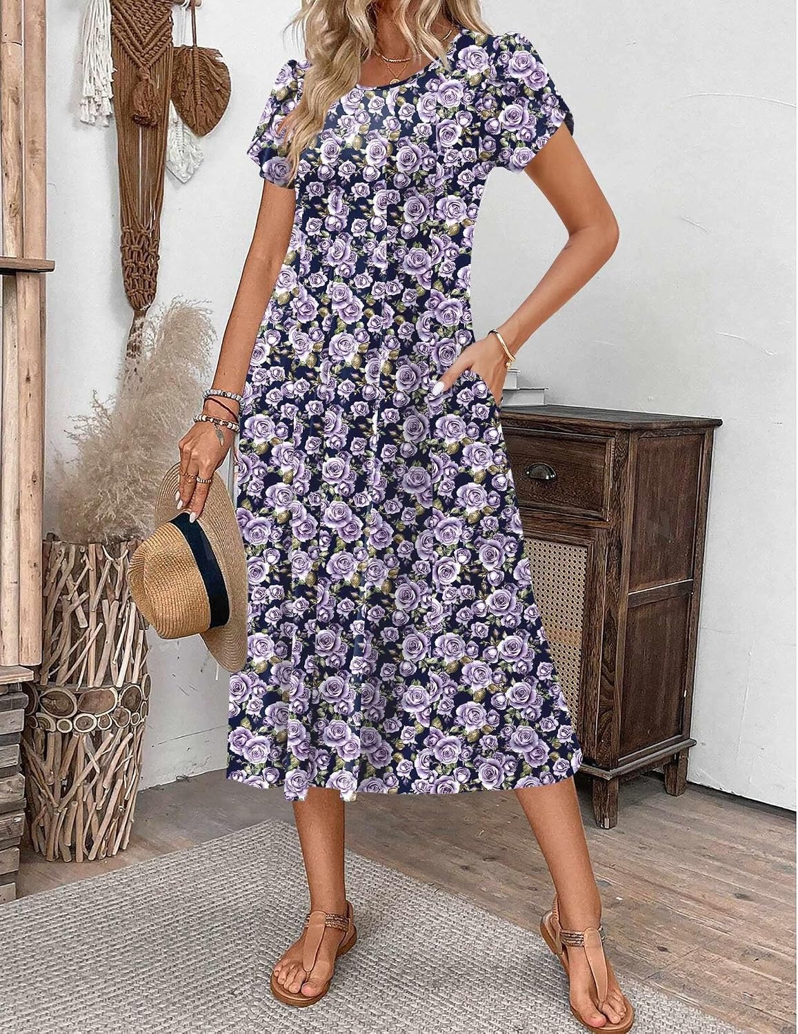 image:imageZEAGOO Womens Casual Dresses for Summer Short Sleeve Flare Midi Dress Loose Flowy Beach Sundress2602 Purple Flower