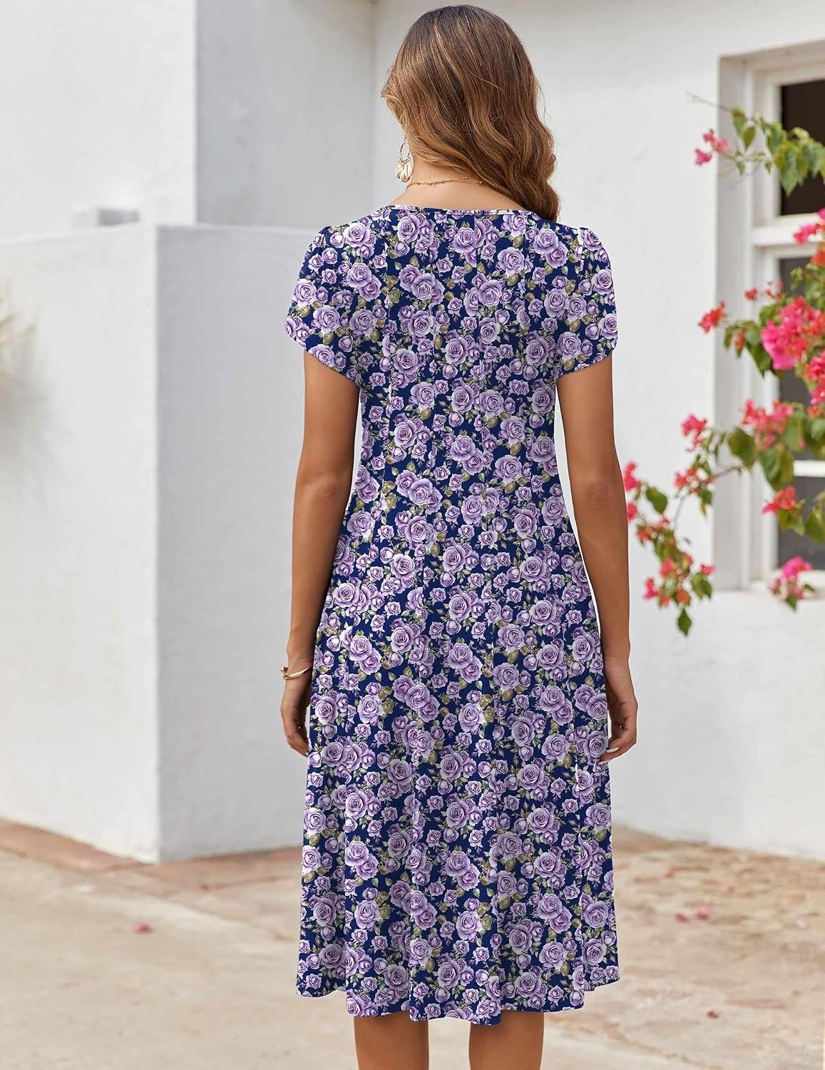image:imageZEAGOO Womens Casual Dresses for Summer Short Sleeve Flare Midi Dress Loose Flowy Beach Sundress2602 Purple Flower