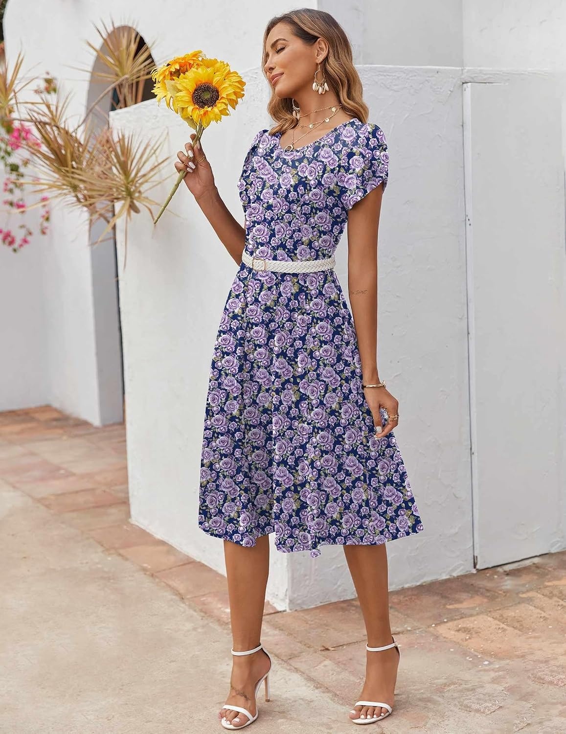 image:imageZEAGOO Womens Casual Dresses for Summer Short Sleeve Flare Midi Dress Loose Flowy Beach Sundress2602 Purple Flower