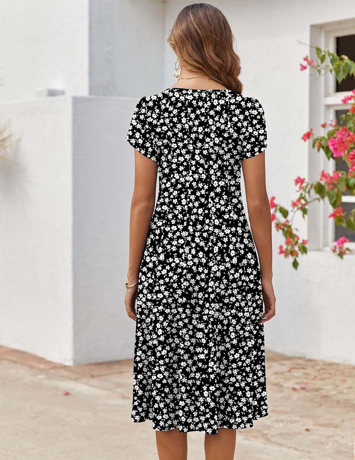 image:imageZEAGOO Womens Casual Dresses for Summer Short Sleeve Flare Midi Dress Loose Flowy Beach SundressBlack Flower 02