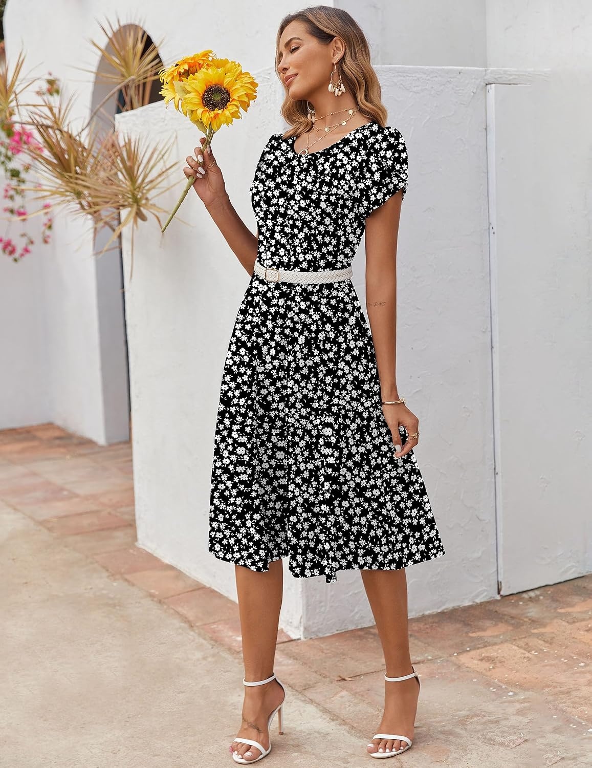 image:imageZEAGOO Womens Casual Dresses for Summer Short Sleeve Flare Midi Dress Loose Flowy Beach SundressBlack Flower 02