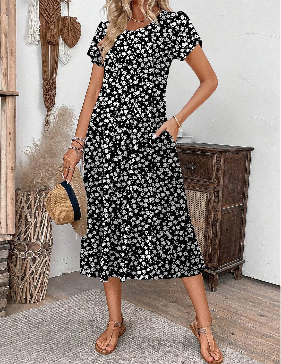 image:imageZEAGOO Womens Casual Dresses for Summer Short Sleeve Flare Midi Dress Loose Flowy Beach SundressBlack Flower 02