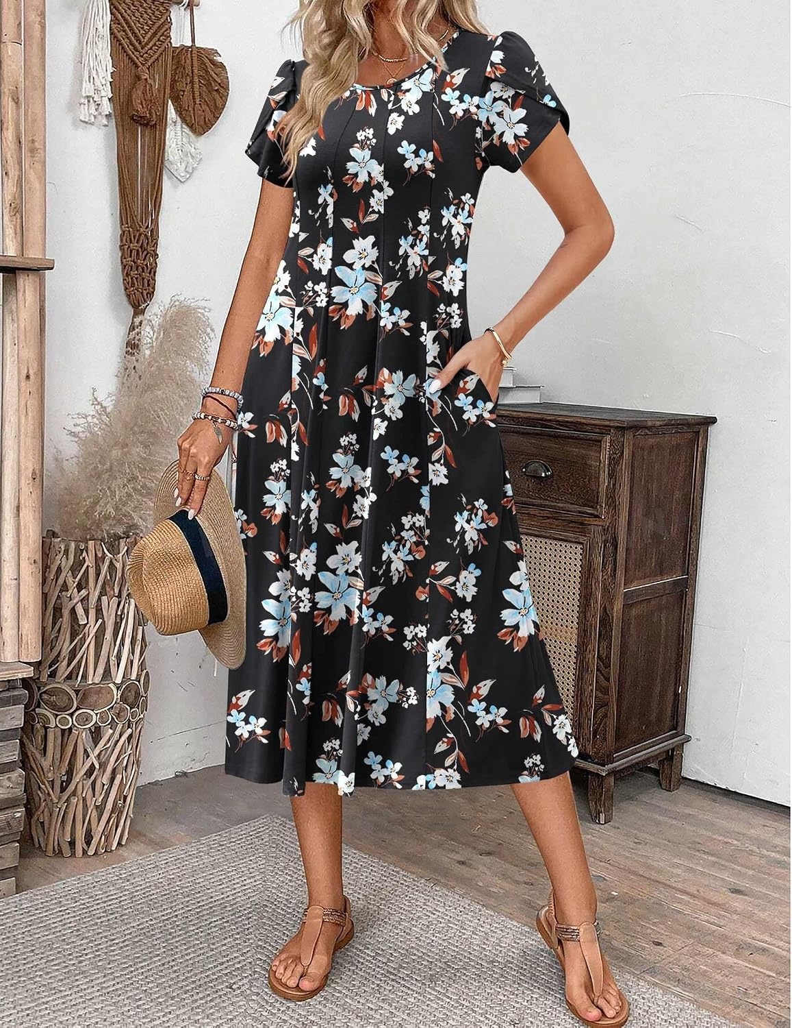 image:imageZEAGOO Womens Casual Dresses for Summer Short Sleeve Flare Midi Dress Loose Flowy Beach SundressBlack Flower