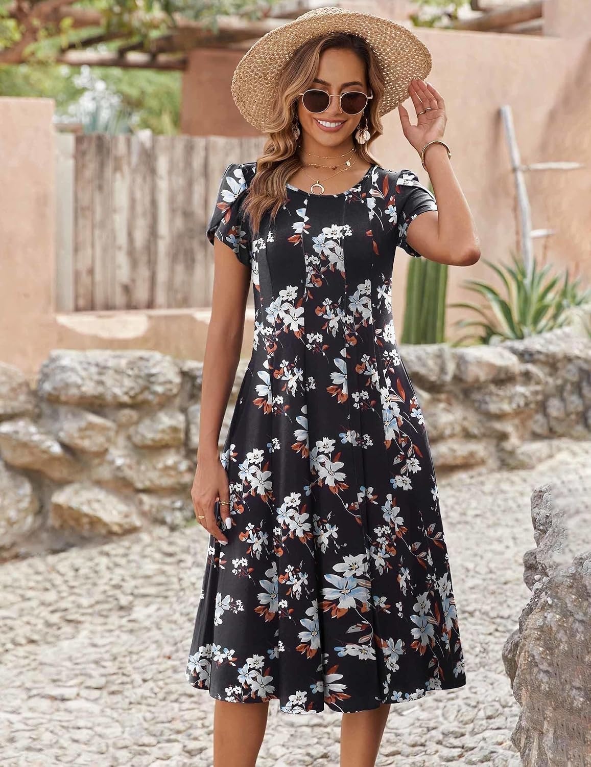 image:imageZEAGOO Womens Casual Dresses for Summer Short Sleeve Flare Midi Dress Loose Flowy Beach SundressBlack Flower