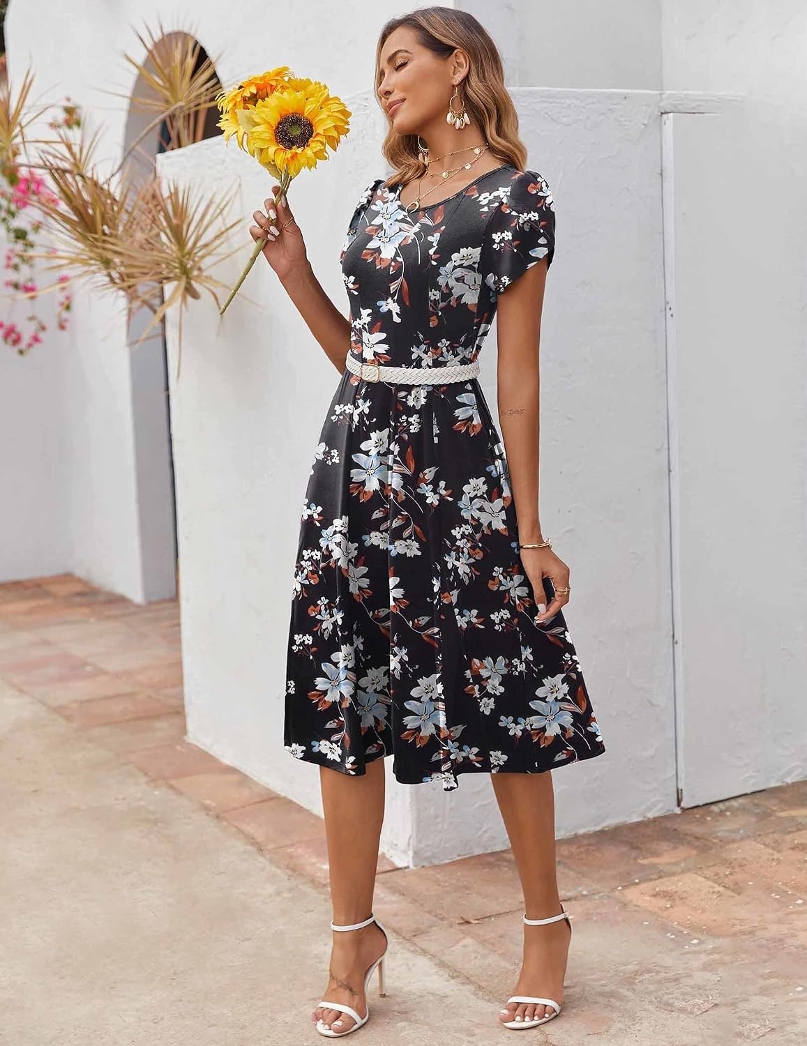 image:imageZEAGOO Womens Casual Dresses for Summer Short Sleeve Flare Midi Dress Loose Flowy Beach SundressBlack Flower