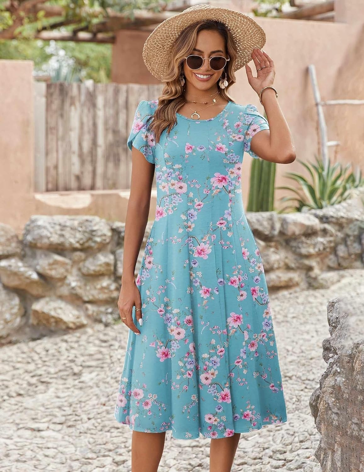 image:imageZEAGOO Womens Casual Dresses for Summer Short Sleeve Flare Midi Dress Loose Flowy Beach SundressBlue Flower