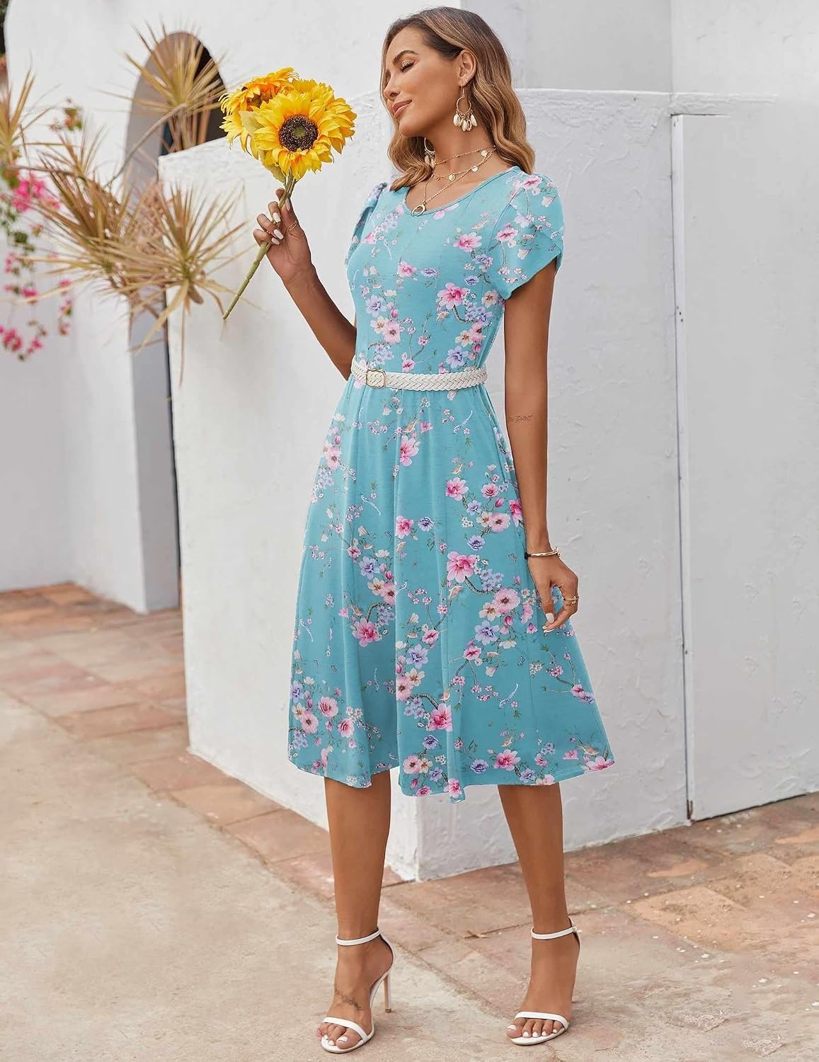 image:imageZEAGOO Womens Casual Dresses for Summer Short Sleeve Flare Midi Dress Loose Flowy Beach SundressBlue Flower
