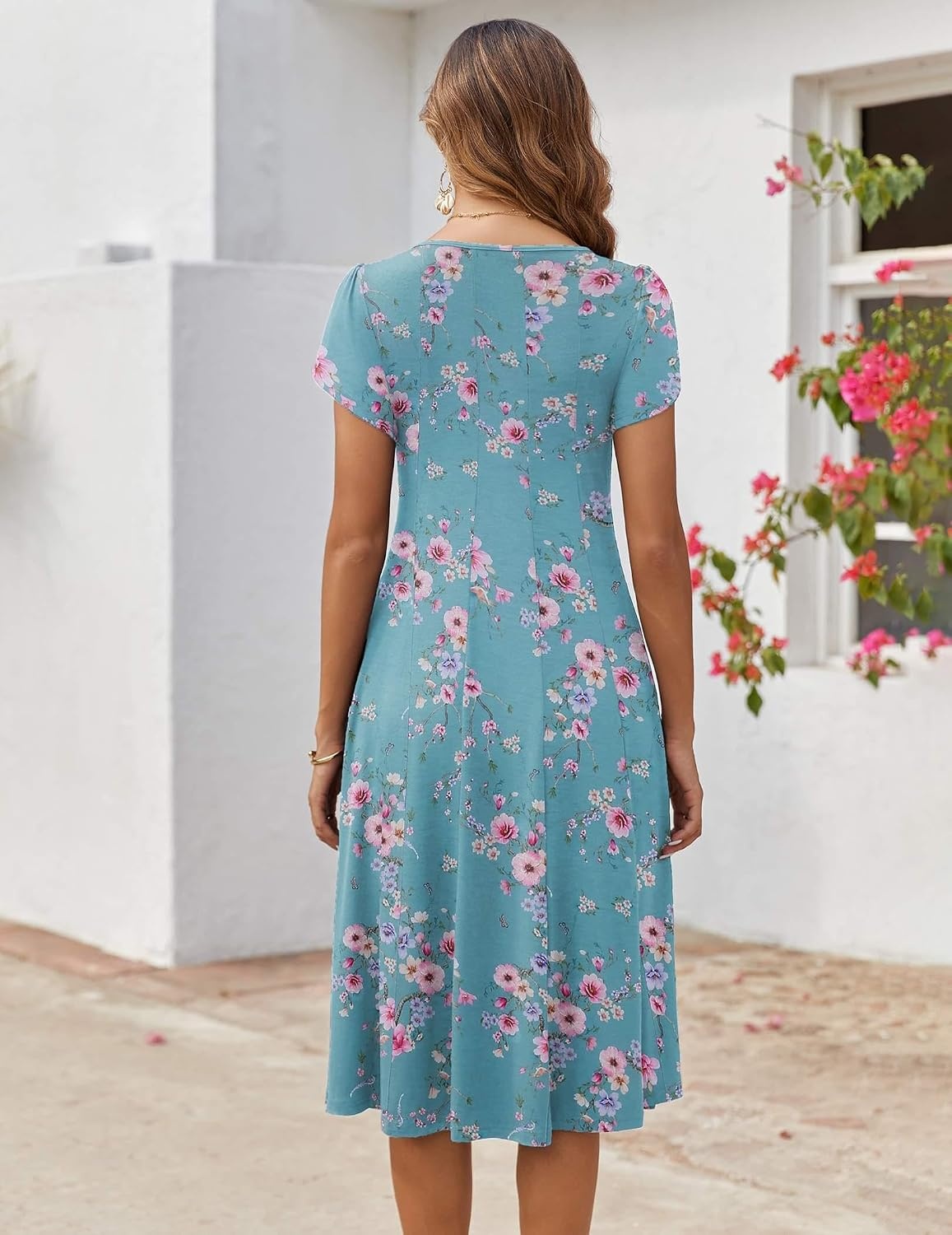 image:imageZEAGOO Womens Casual Dresses for Summer Short Sleeve Flare Midi Dress Loose Flowy Beach SundressBlue Flower