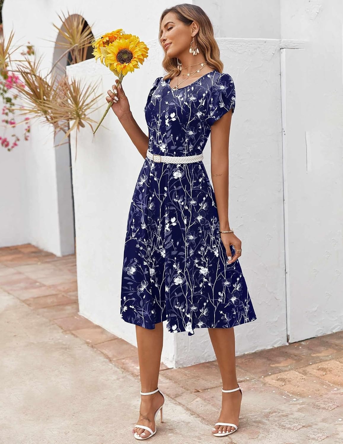 image:imageZEAGOO Womens Casual Dresses for Summer Short Sleeve Flare Midi Dress Loose Flowy Beach SundressBnavy Floral 02
