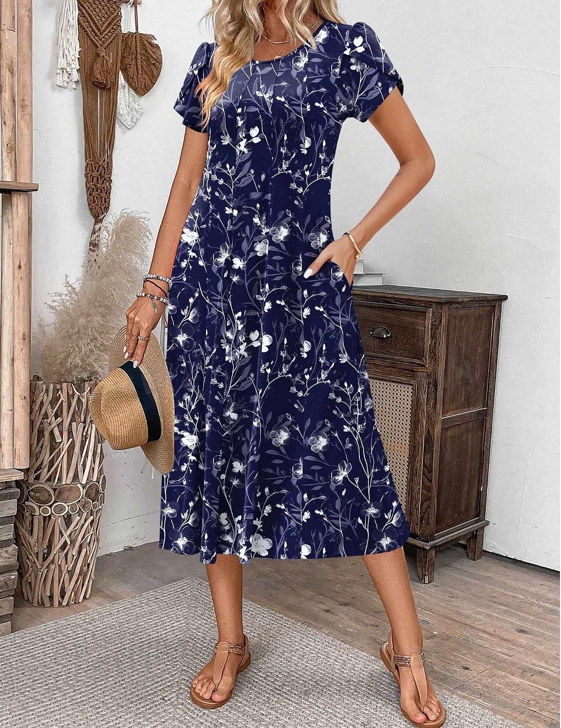 image:imageZEAGOO Womens Casual Dresses for Summer Short Sleeve Flare Midi Dress Loose Flowy Beach SundressBnavy Floral 02