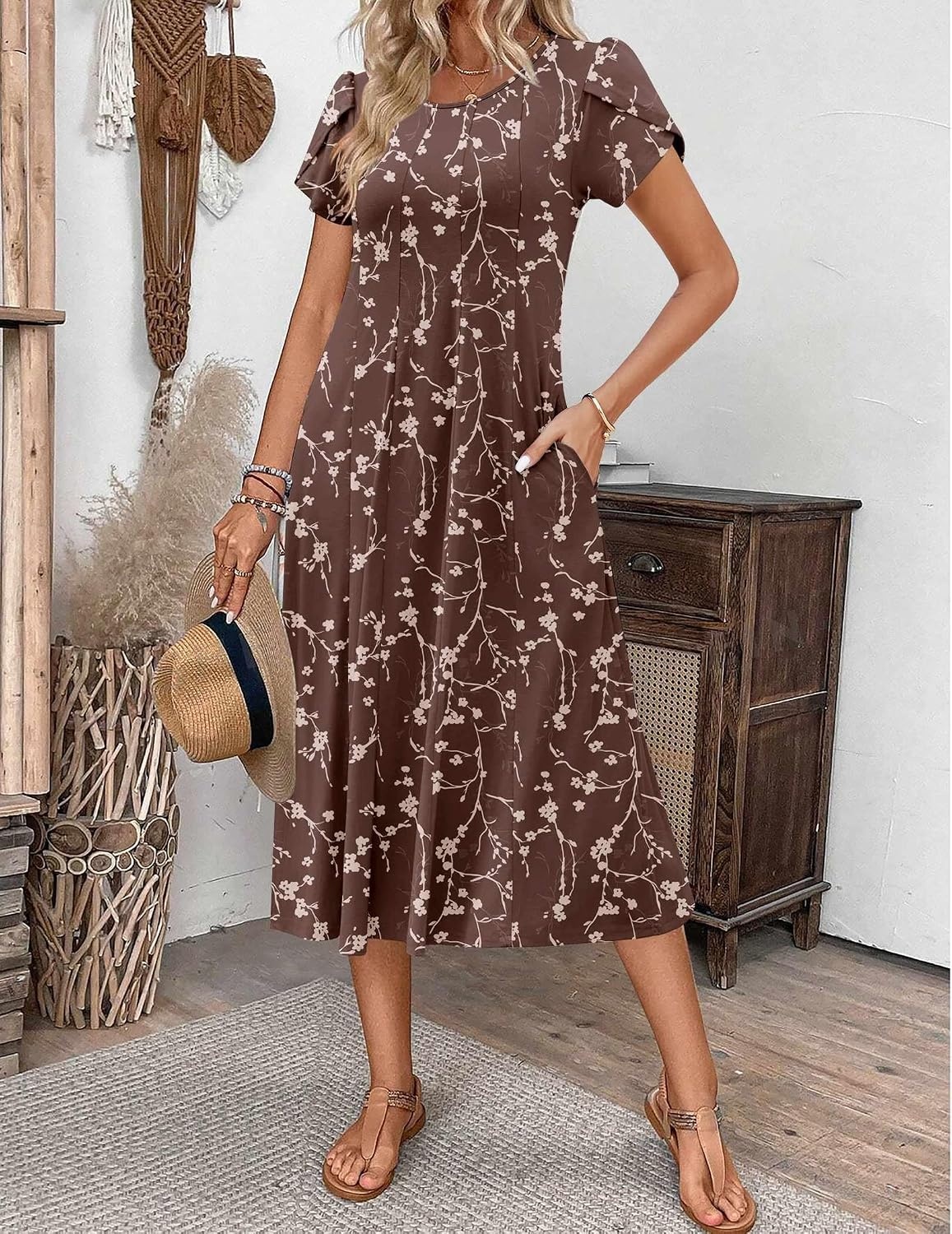 image:imageZEAGOO Womens Casual Dresses for Summer Short Sleeve Flare Midi Dress Loose Flowy Beach SundressBrown Floral