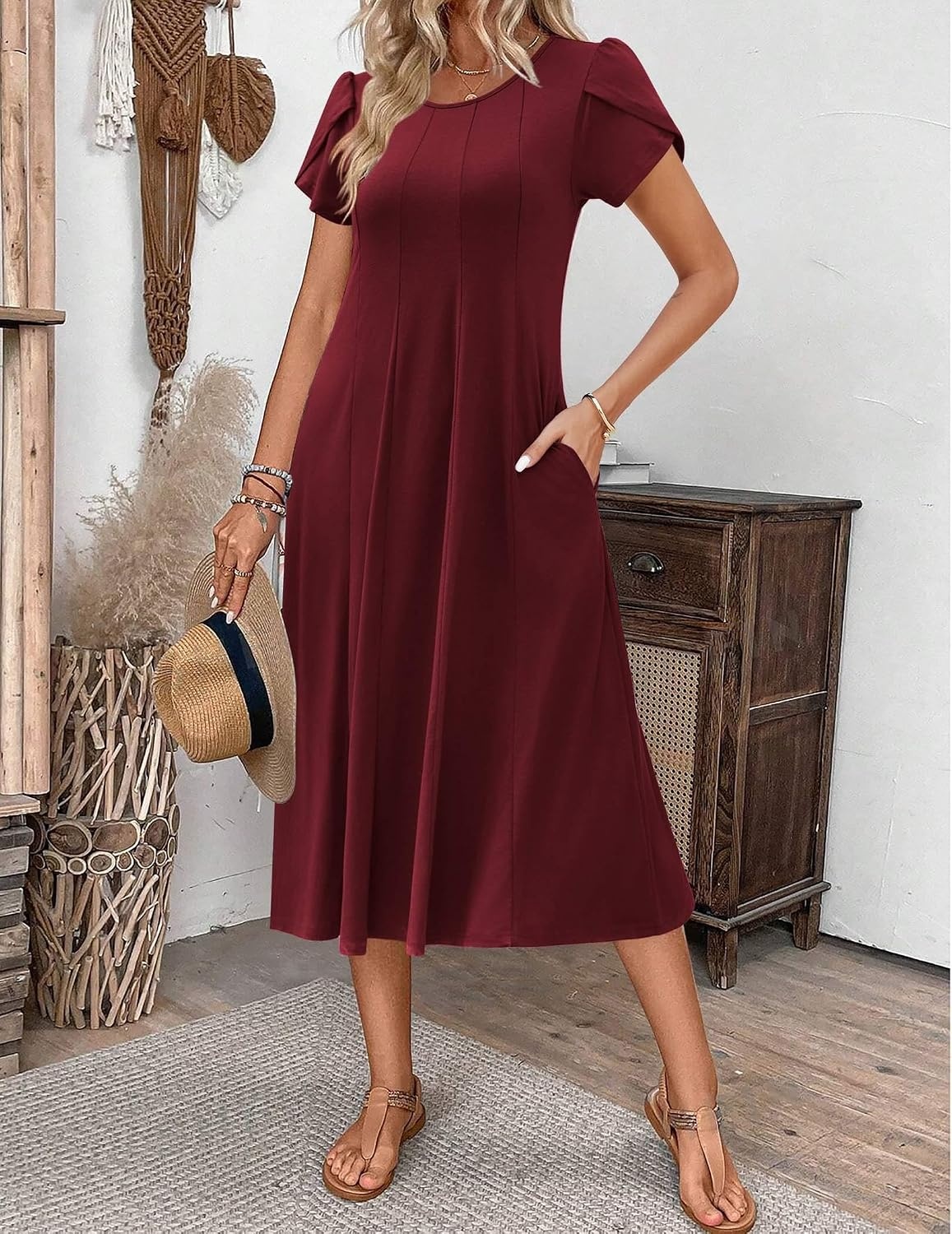 image:imageZEAGOO Womens Casual Dresses for Summer Short Sleeve Flare Midi Dress Loose Flowy Beach SundressBurgundy