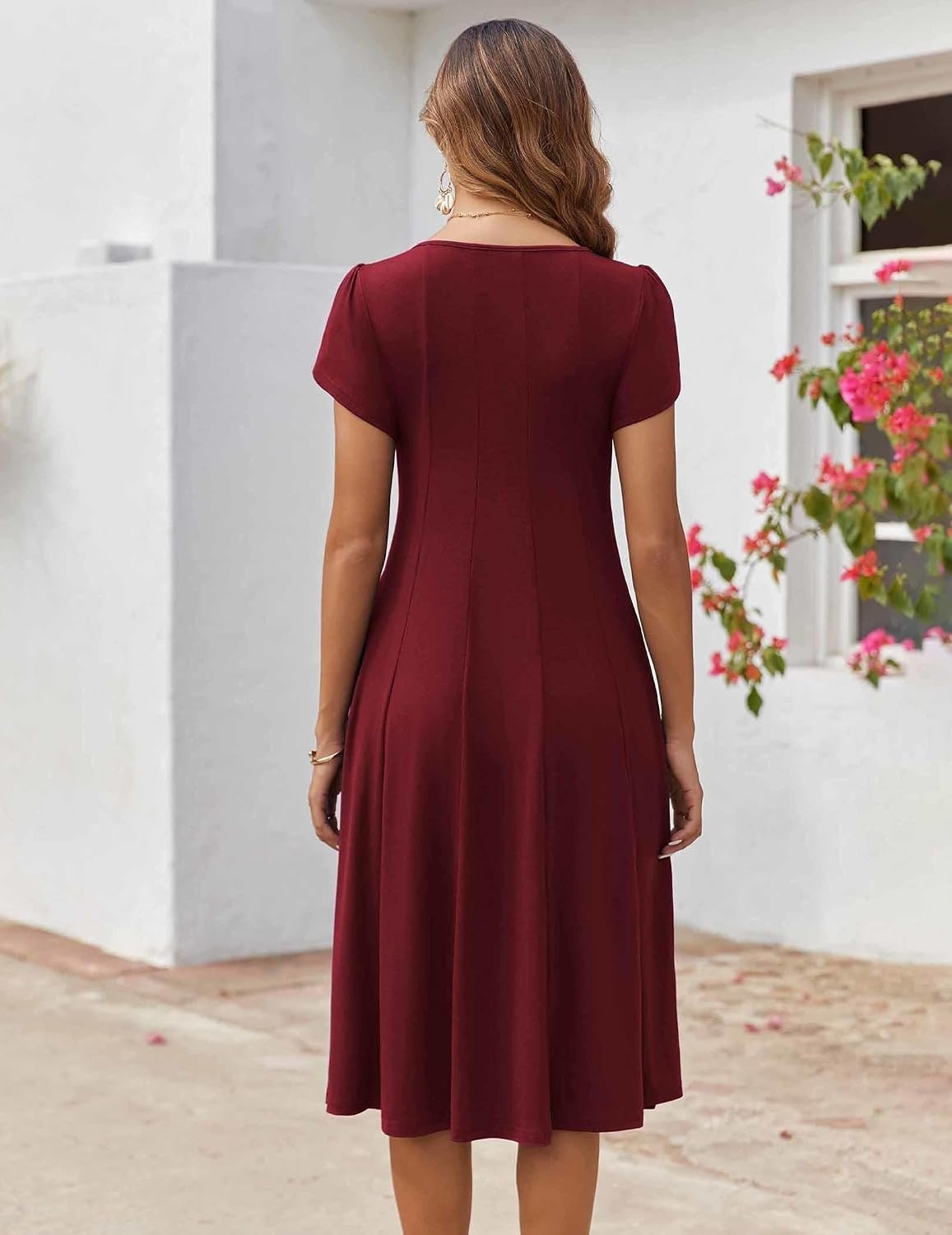 image:imageZEAGOO Womens Casual Dresses for Summer Short Sleeve Flare Midi Dress Loose Flowy Beach SundressBurgundy
