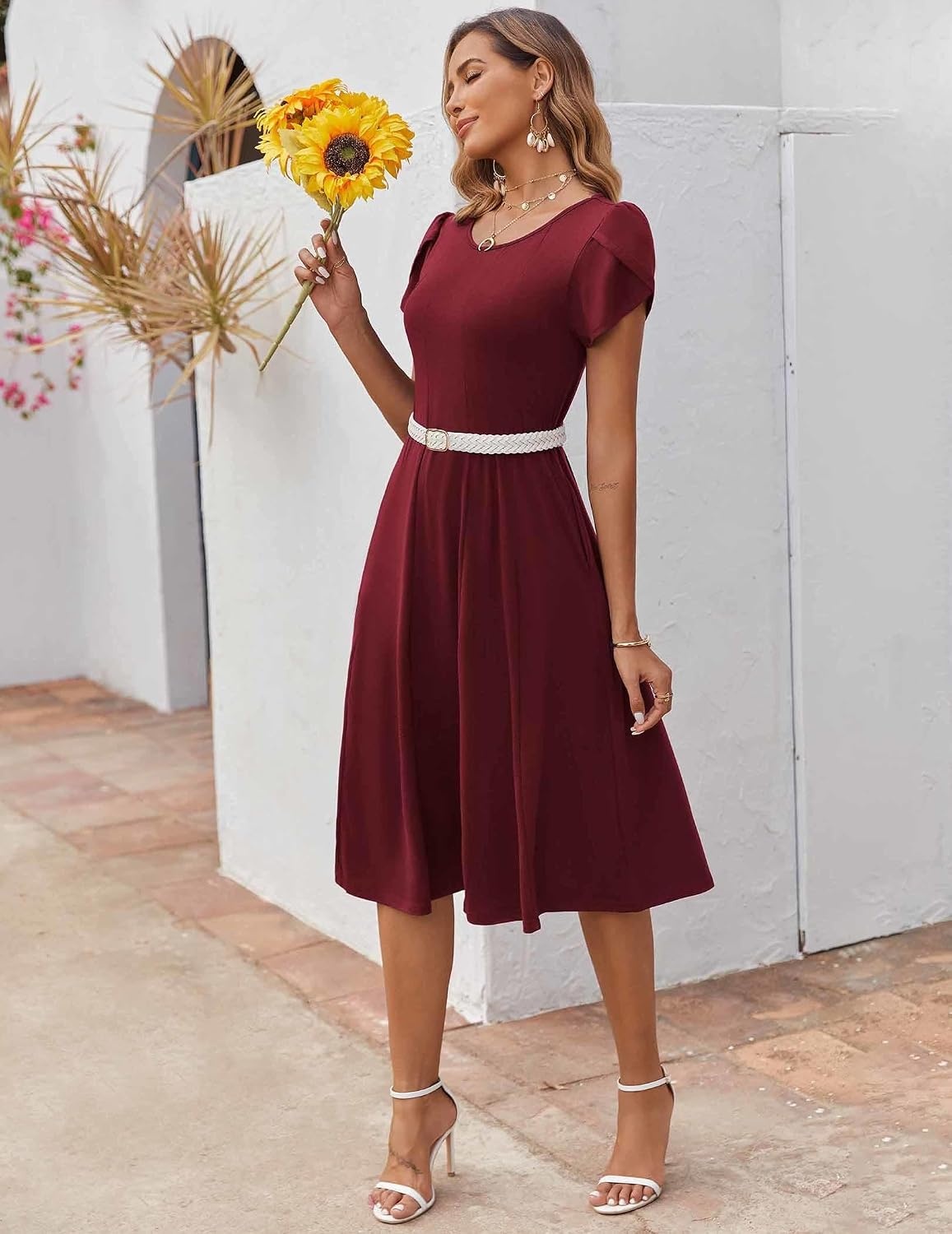 image:imageZEAGOO Womens Casual Dresses for Summer Short Sleeve Flare Midi Dress Loose Flowy Beach SundressBurgundy