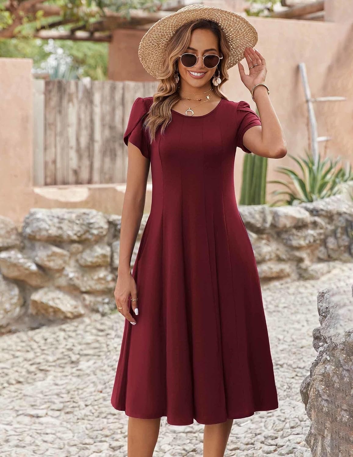 image:imageZEAGOO Womens Casual Dresses for Summer Short Sleeve Flare Midi Dress Loose Flowy Beach SundressBurgundy