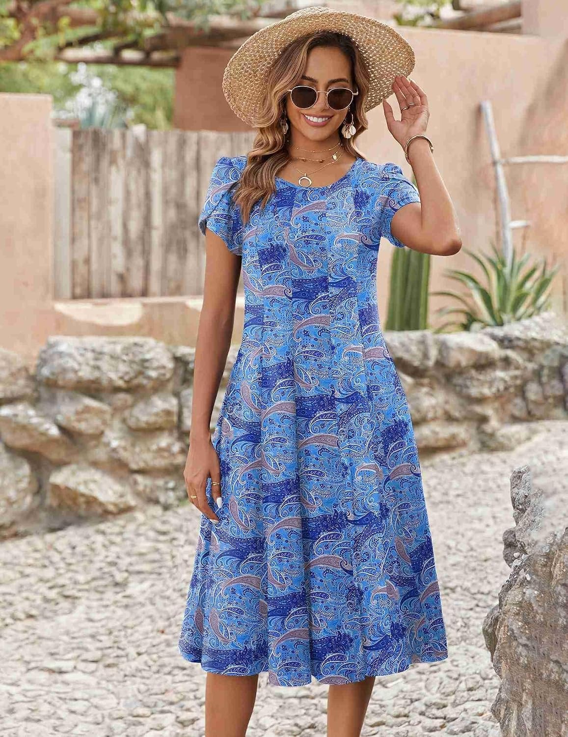 image:imageZEAGOO Womens Casual Dresses for Summer Short Sleeve Flare Midi Dress Loose Flowy Beach SundressCashew Blue Print