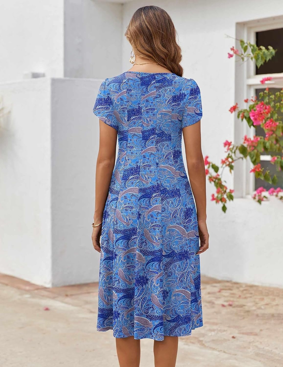 image:imageZEAGOO Womens Casual Dresses for Summer Short Sleeve Flare Midi Dress Loose Flowy Beach SundressCashew Blue Print