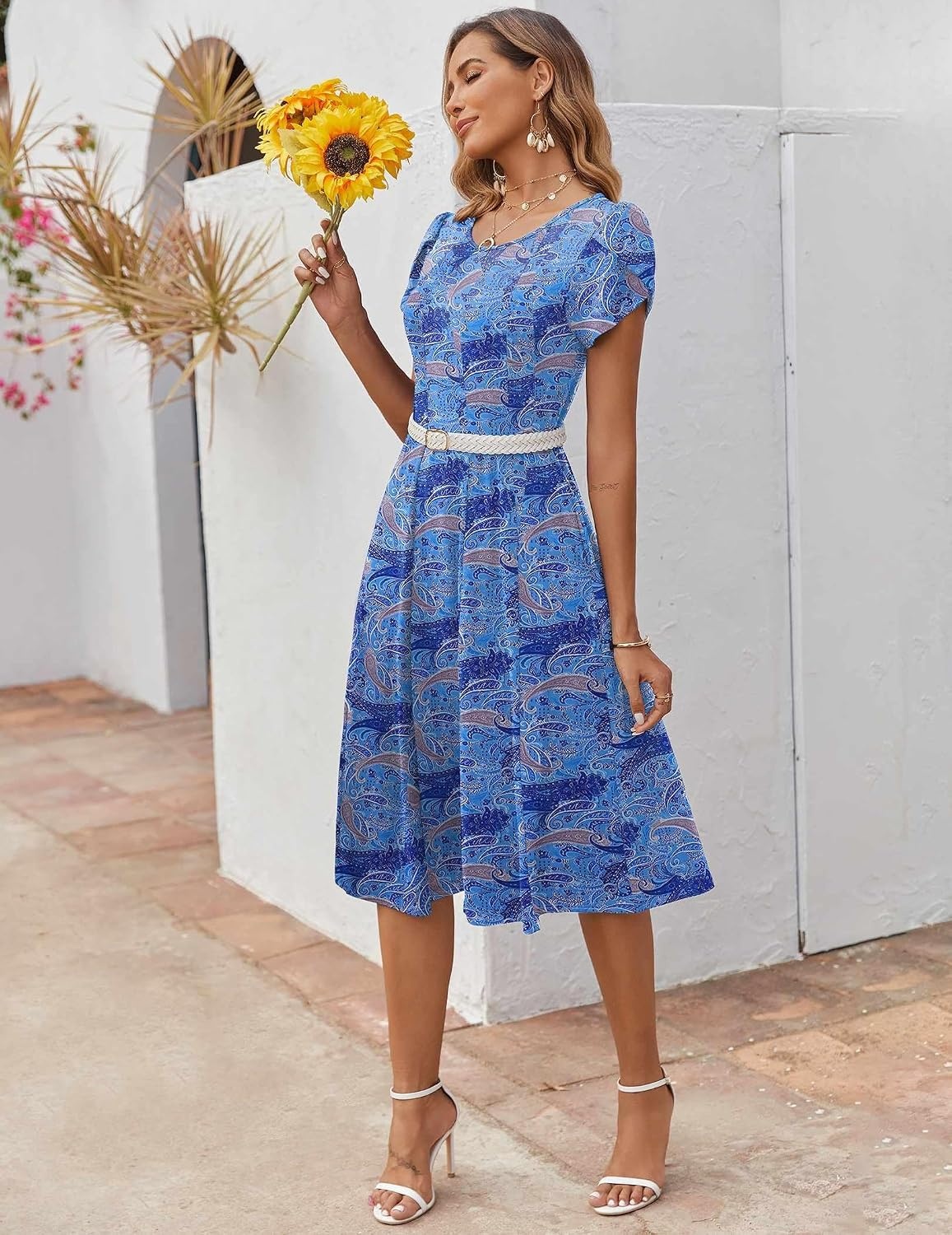 image:imageZEAGOO Womens Casual Dresses for Summer Short Sleeve Flare Midi Dress Loose Flowy Beach SundressCashew Blue Print